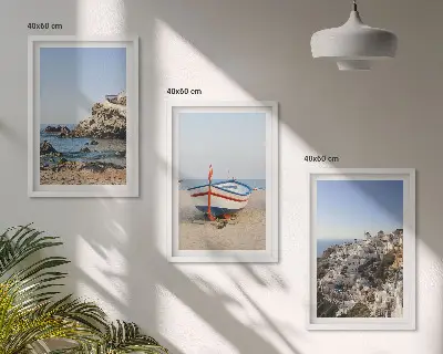 Set of 3 framed wall art pieces featuring views of Greece with a boat and houses