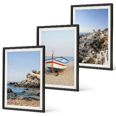 Set of 3 framed wall art pieces featuring views of Greece with a boat and houses