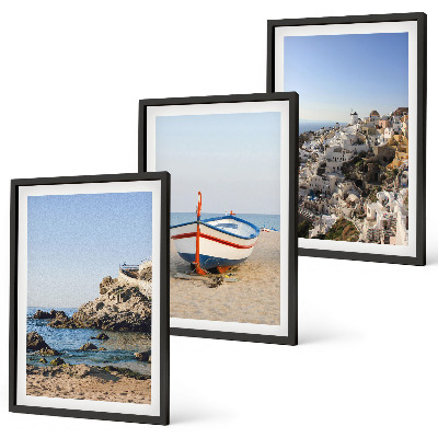 Set of 3 framed wall art pieces Views of Greece with a boat and houses