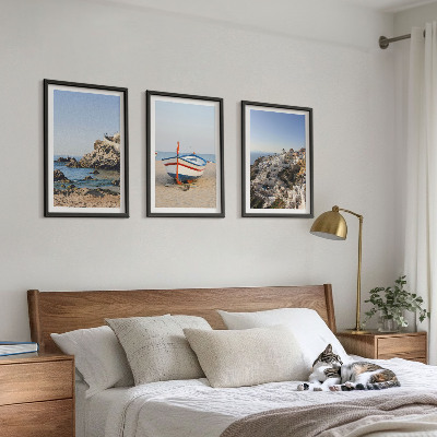 Set of 3 framed wall art pieces Views of Greece with a boat and houses