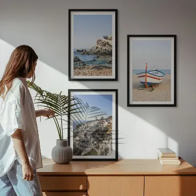 Set of 3 framed wall art pieces featuring views of Greece with a boat and houses