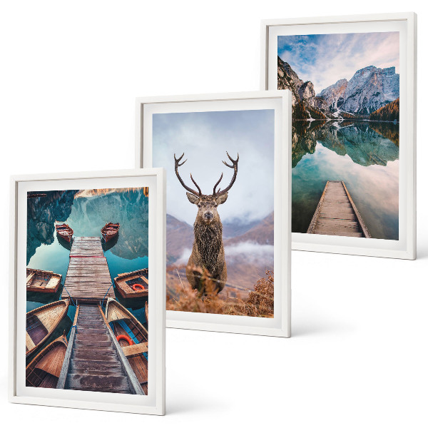 Wall art set Lake boats deer mountains