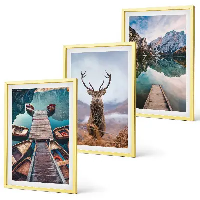 Wall art set featuring lake boats, a deer, and mountains