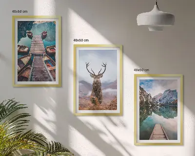 Wall art set featuring lake boats, a deer, and mountains