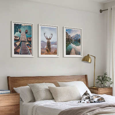 Wall art set Lake boats deer mountains