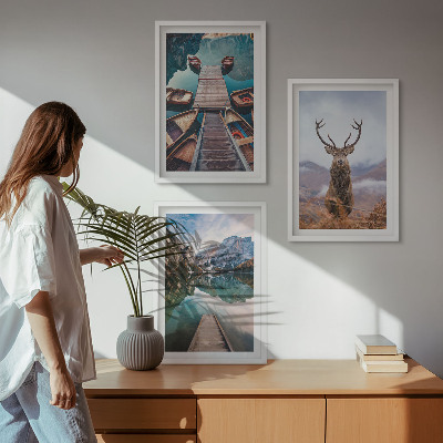 Wall art set Lake boats deer mountains