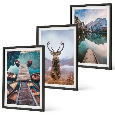 Wall art set featuring lake boats, a deer, and mountains