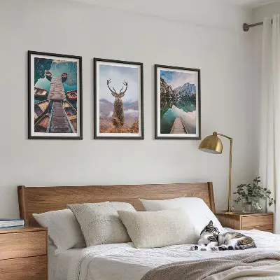 Wall art set featuring lake boats, a deer, and mountains