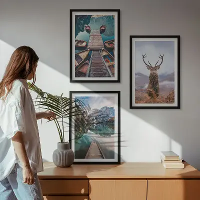 Wall art set featuring lake boats, a deer, and mountains