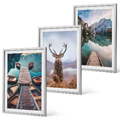 Wall art set featuring lake boats, a deer, and mountains