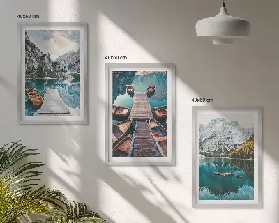 Three-piece wall art featuring a lake, bridges, and mountains