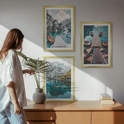 Three-piece wall art featuring a lake, bridges, and mountains