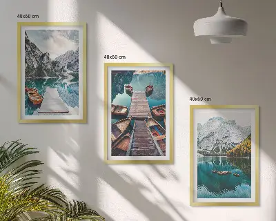 Three-piece wall art featuring a lake, bridges, and mountains