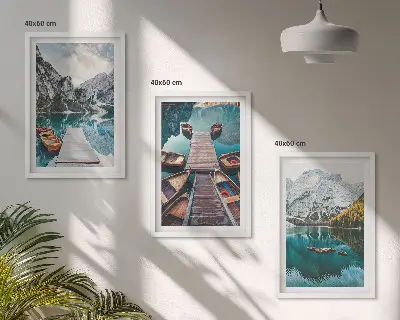 Three-piece wall art featuring a lake, bridges, and mountains