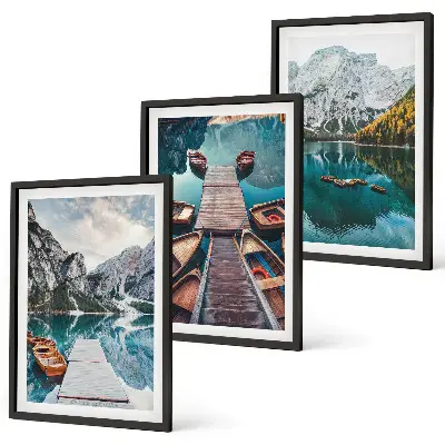 Three-piece wall art featuring a lake, bridges, and mountains