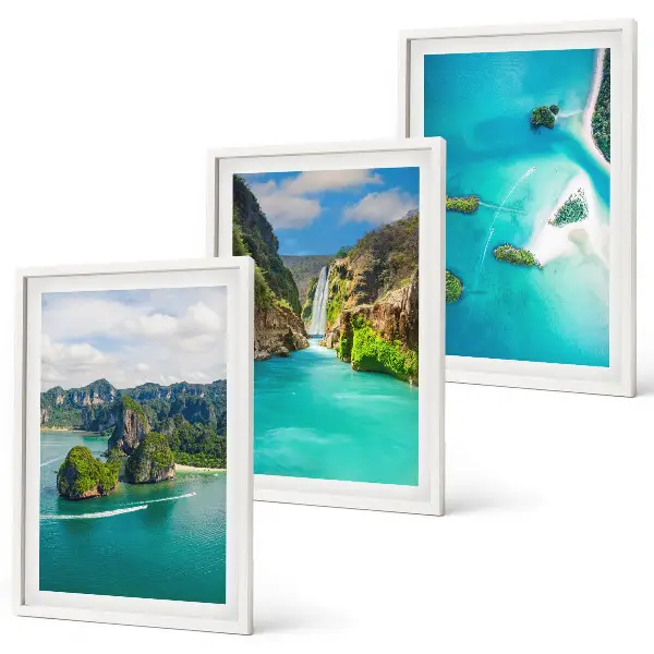 Set of 3 framed wall art pieces featuring tropical islands and turquoise water
