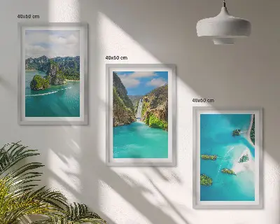 Set of 3 framed wall art pieces featuring tropical islands and turquoise water