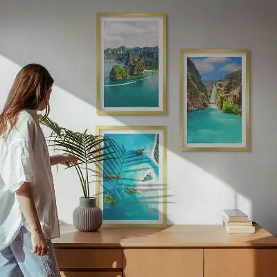 Set of 3 framed wall art pieces featuring tropical islands and turquoise water