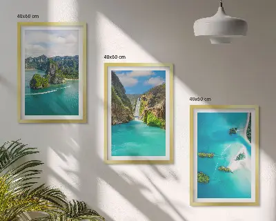 Set of 3 framed wall art pieces featuring tropical islands and turquoise water