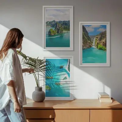 Set of 3 framed wall art pieces featuring tropical islands and turquoise water