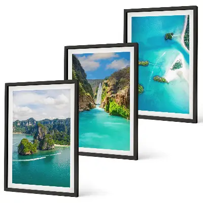 Set of 3 framed wall art pieces featuring tropical islands and turquoise water