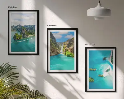 Set of 3 framed wall art pieces featuring tropical islands and turquoise water