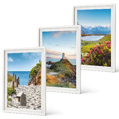 Wall art set featuring beach, lighthouse, mountains, and flowers