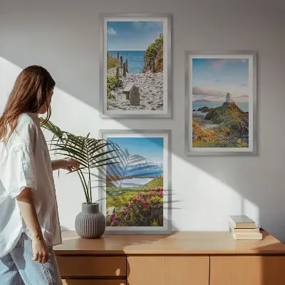 Wall art set featuring beach, lighthouse, mountains, and flowers