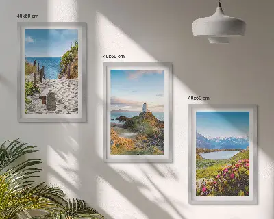 Wall art set featuring beach, lighthouse, mountains, and flowers
