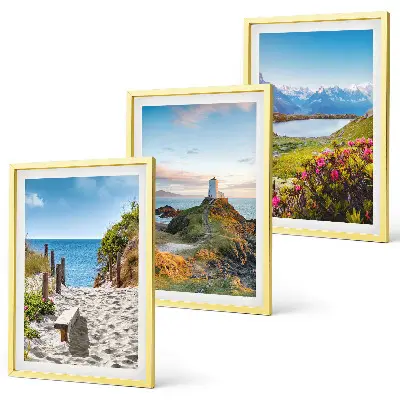 Wall art set featuring beach, lighthouse, mountains, and flowers