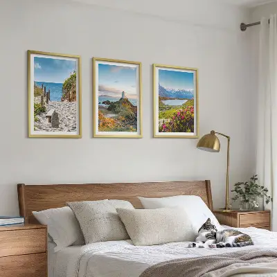 Wall art set featuring beach, lighthouse, mountains, and flowers