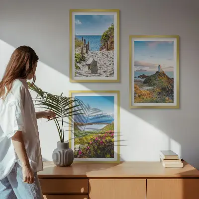 Wall art set featuring beach, lighthouse, mountains, and flowers