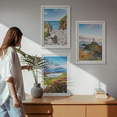 Wall art set featuring beach, lighthouse, mountains, and flowers