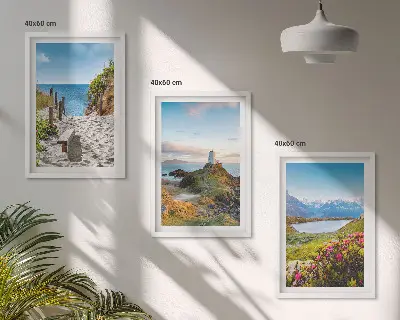 Wall art set featuring beach, lighthouse, mountains, and flowers