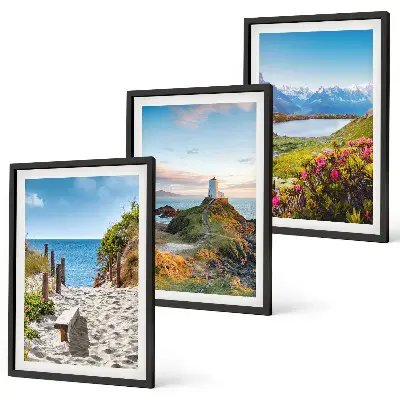 Wall art set featuring beach, lighthouse, mountains, and flowers