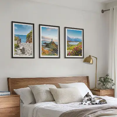 Wall art set featuring beach, lighthouse, mountains, and flowers