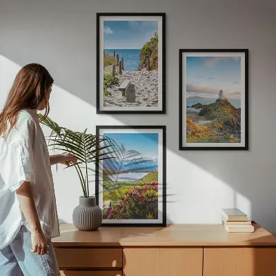 Wall art set featuring beach, lighthouse, mountains, and flowers