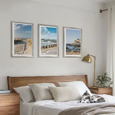 Three-piece wall art set beach wooden path and cliffs scene