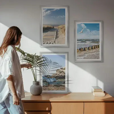 Three-piece wall art set beach wooden path and cliffs scene