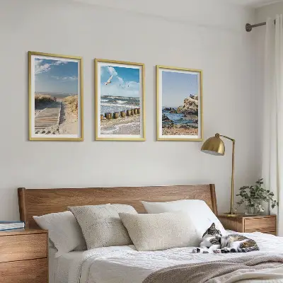 Three-piece wall art set beach wooden path and cliffs scene