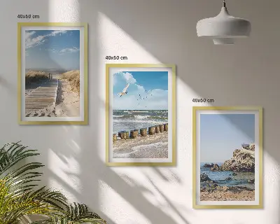 Three-piece wall art set beach wooden path and cliffs scene