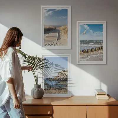 Three-piece wall art set beach wooden path and cliffs scene