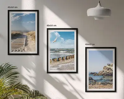 Three-piece wall art set beach wooden path and cliffs scene