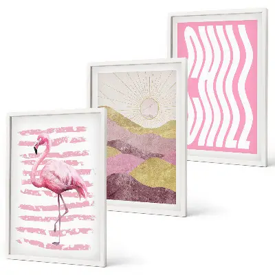 Three-piece wall art piece Pink flamingo pastel landscape