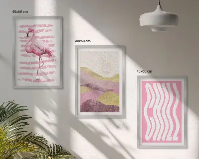 Three-piece wall art piece Pink flamingo pastel landscape