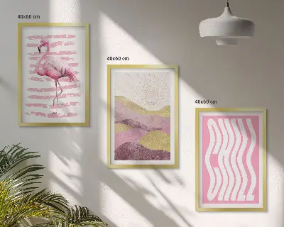 Three-piece wall art piece Pink flamingo pastel landscape