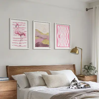 Three-piece wall art piece Pink flamingo pastel landscape