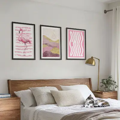 Three-piece wall art piece Pink flamingo pastel landscape