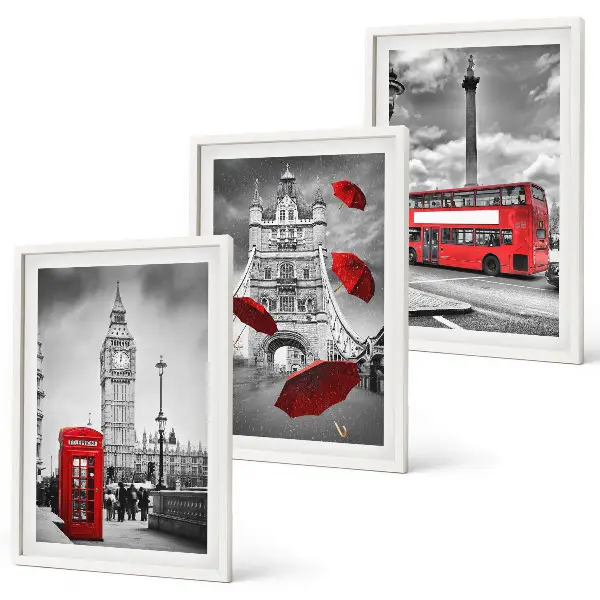 Set of 3 framed wall art pieces featuring a red umbrella booth and a London bus