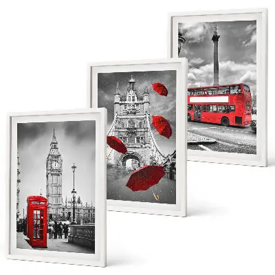 Set of 3 framed wall art pieces featuring a red umbrella booth and a London bus